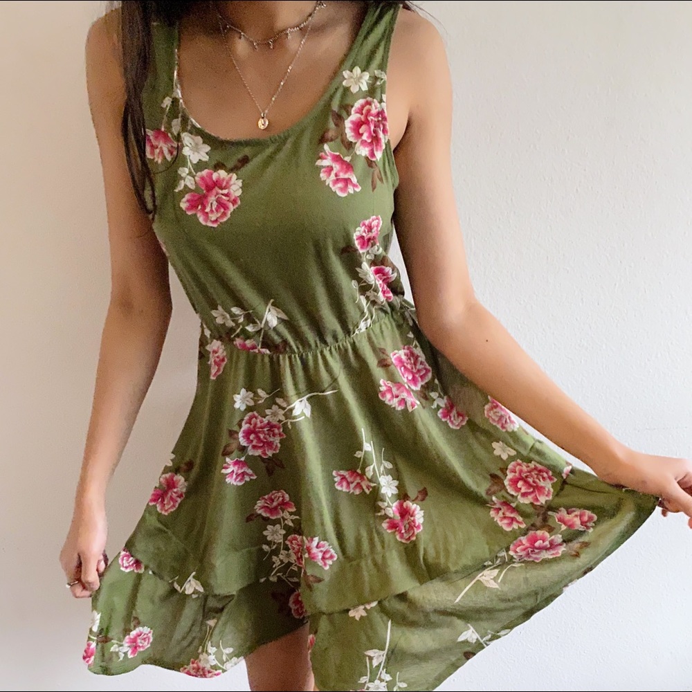 Army green floral dress